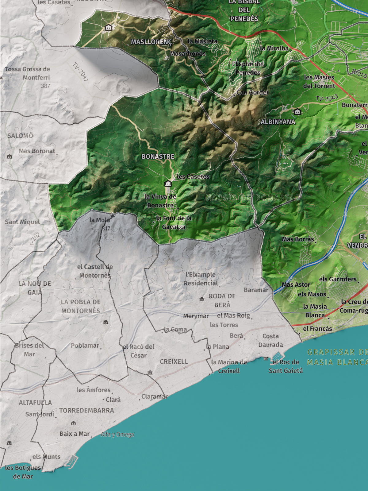 Mapa de relieve del Baix Penedès, con el territorio en color y el entorno en blanco. Detalle de la zona inferior izquierda. 30 × 40 cm. Estilo Clásico.