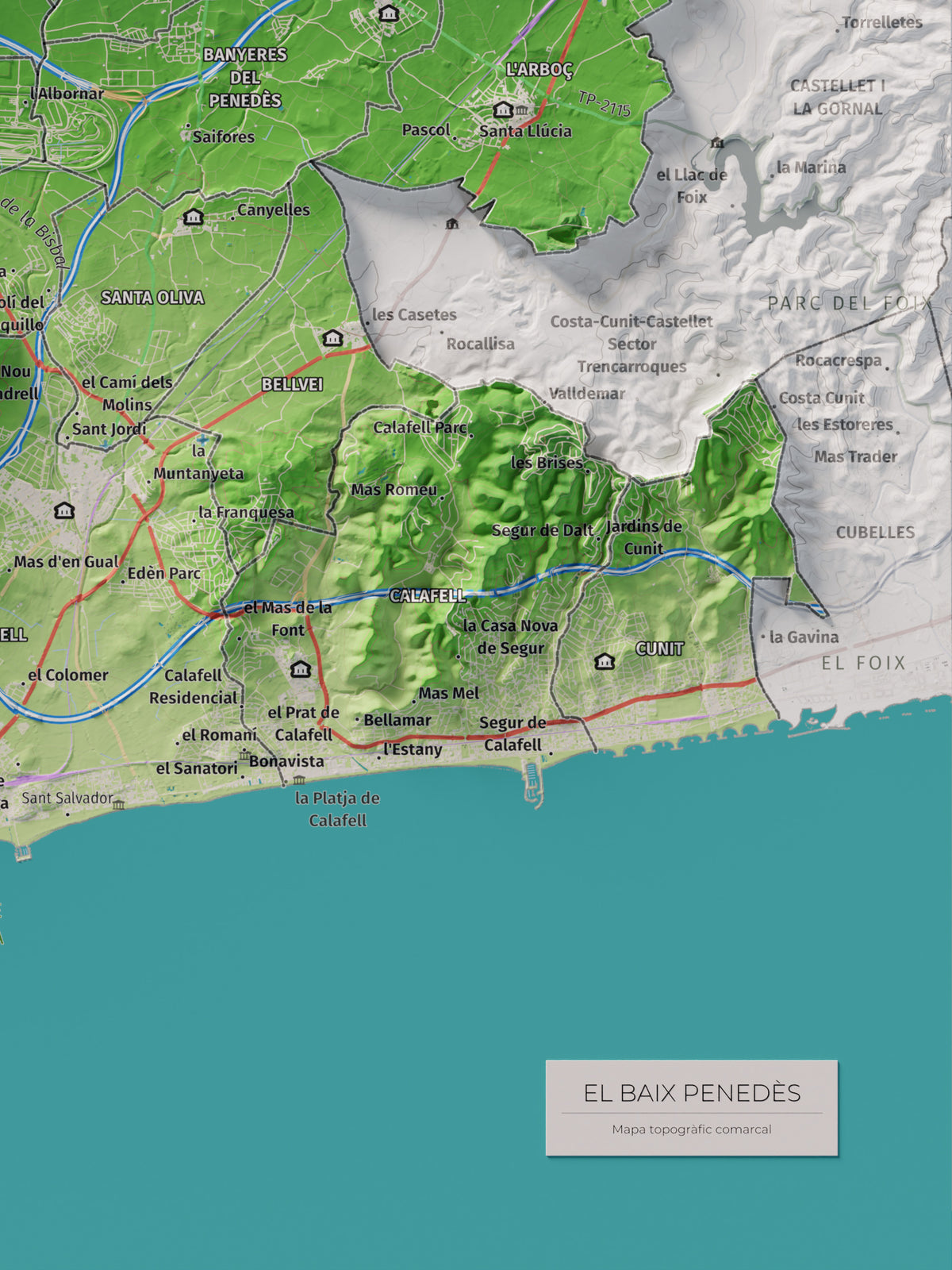 Mapa de relieve del Baix Penedès, con el territorio en color y el entorno en blanco. Detalle de la zona inferior derecha. 30 × 40 cm. Estilo Clásico.