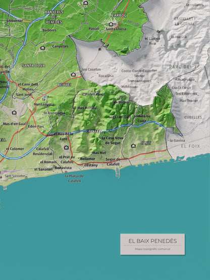 Mapa de relieve del Baix Penedès, con el territorio en color y el entorno en blanco. Detalle de la zona inferior derecha. 30 × 40 cm. Estilo Clásico.