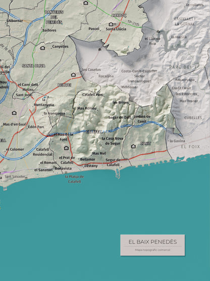Mapa de relieve del Baix Penedès, con el territorio en color y el entorno en blanco. Detalle de la zona inferior derecha. 30 × 40 cm. Estilo Cartográfico.