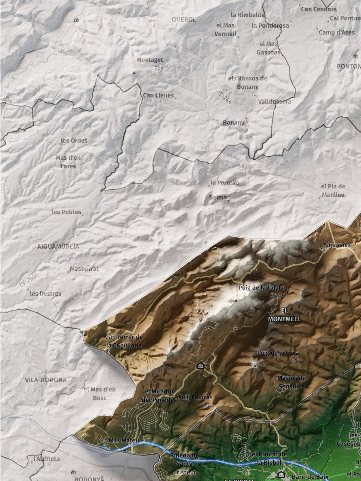 Mapa de relieve del Baix Penedès, con el territorio en color y el entorno en blanco. Detalle de la zona superior izquierda. 30 × 40 cm. Estilo Clásico.
