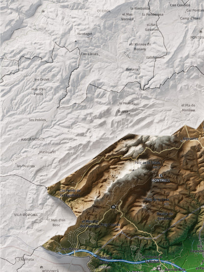 Mapa de relieve del Baix Penedès, con el territorio en color y el entorno en blanco. Detalle de la zona superior izquierda. 30 × 40 cm. Estilo Clásico.