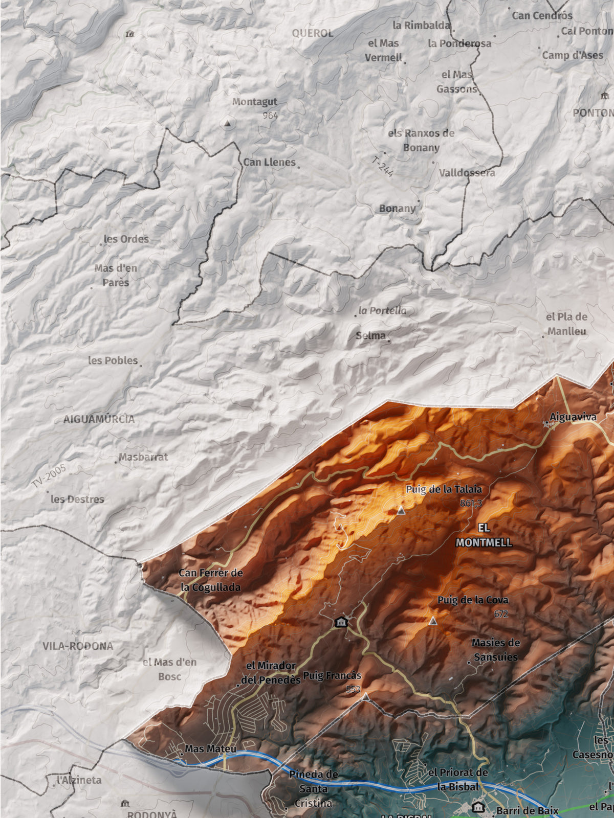 Mapa de relieve del Baix Penedès, con el territorio en color y el entorno en blanco. Detalle de la zona superior izquierda. 30 × 40 cm. Estilo Azul y naranja.