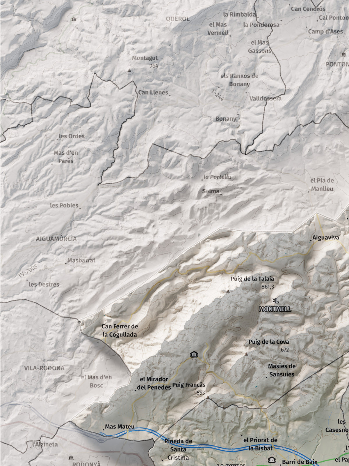 Mapa de relieve del Baix Penedès, con el territorio en color y el entorno en blanco. Detalle de la zona superior izquierda. 30 × 40 cm. Estilo Cartográfico.