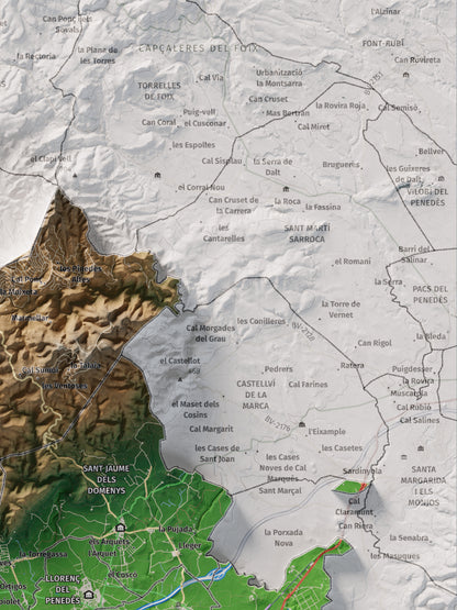 Mapa de relieve del Baix Penedès, con el territorio en color y el entorno en blanco. Detalle de la zona superior derecha. 30 × 40 cm. Estilo Clásico.