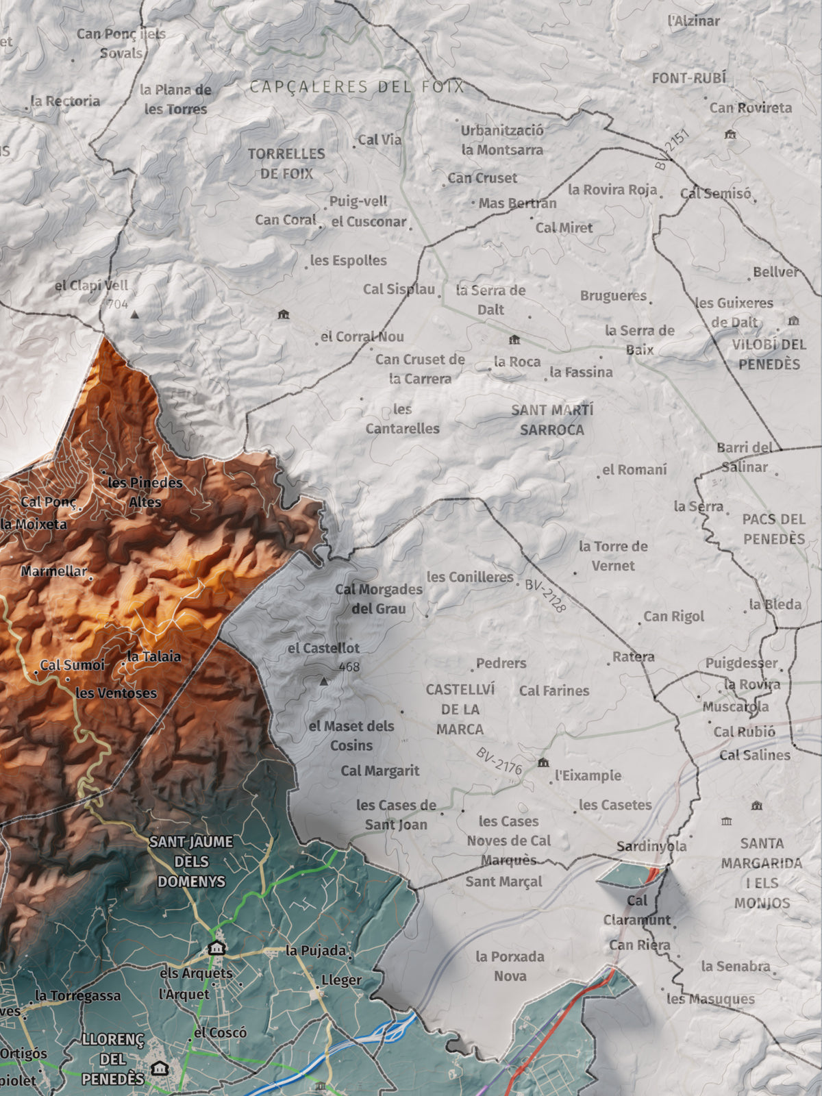 Mapa de relieve del Baix Penedès, con el territorio en color y el entorno en blanco. Detalle de la zona superior derecha. 30 × 40 cm. Estilo Azul y naranja.