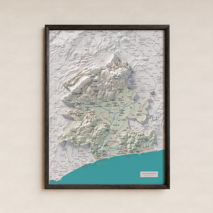 Mapa de relieve del Baix Penedès, con el territorio en color y el entorno en blanco. Presentación con marco. 30 × 40 cm. Estilo Cartográfico.