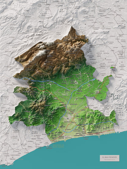 Mapa de relieve del Baix Penedès, con el territorio en color y el entorno en blanco. Vista completa de la lámina. 30 × 40 cm. Estilo Clásico.