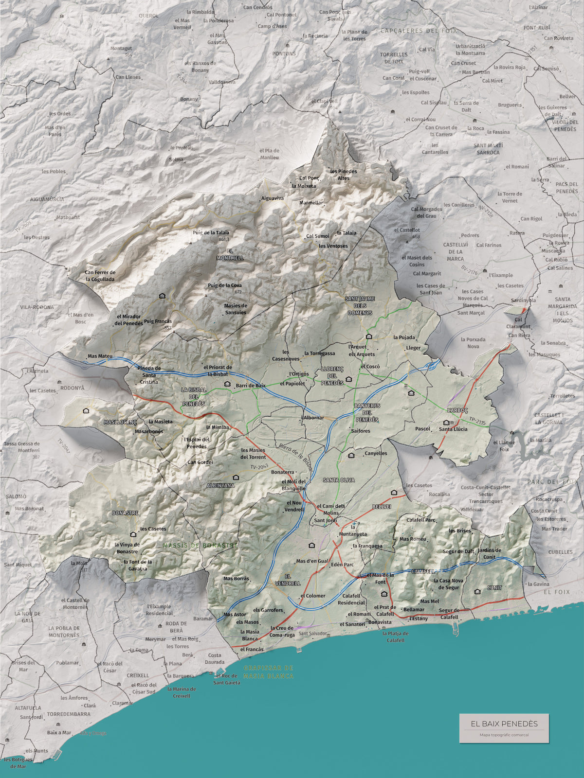 Mapa de relieve del Baix Penedès, con el territorio en color y el entorno en blanco. Vista completa de la lámina. 30 × 40 cm. Estilo Cartográfico.