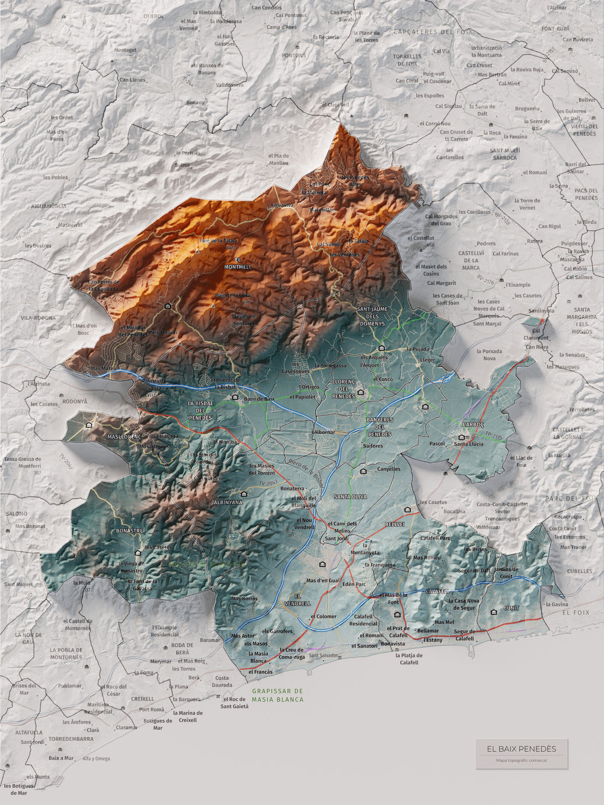 Mapa de relieve del Baix Penedès, con el territorio en color y el entorno en blanco. Vista completa de la lámina. 30 × 40 cm. Estilo Azul y naranja.