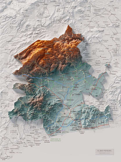 Mapa de relieve del Baix Penedès, con el territorio en color y el entorno en blanco. Vista completa de la lámina. 30 × 40 cm. Estilo Azul y naranja.