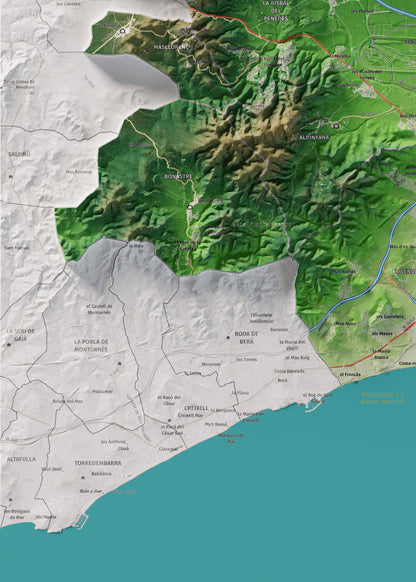Mapa de relieve del Baix Penedès, con el territorio en color y el entorno en blanco. Detalle de la zona inferior izquierda. 50 × 70 cm. Estilo Clásico.