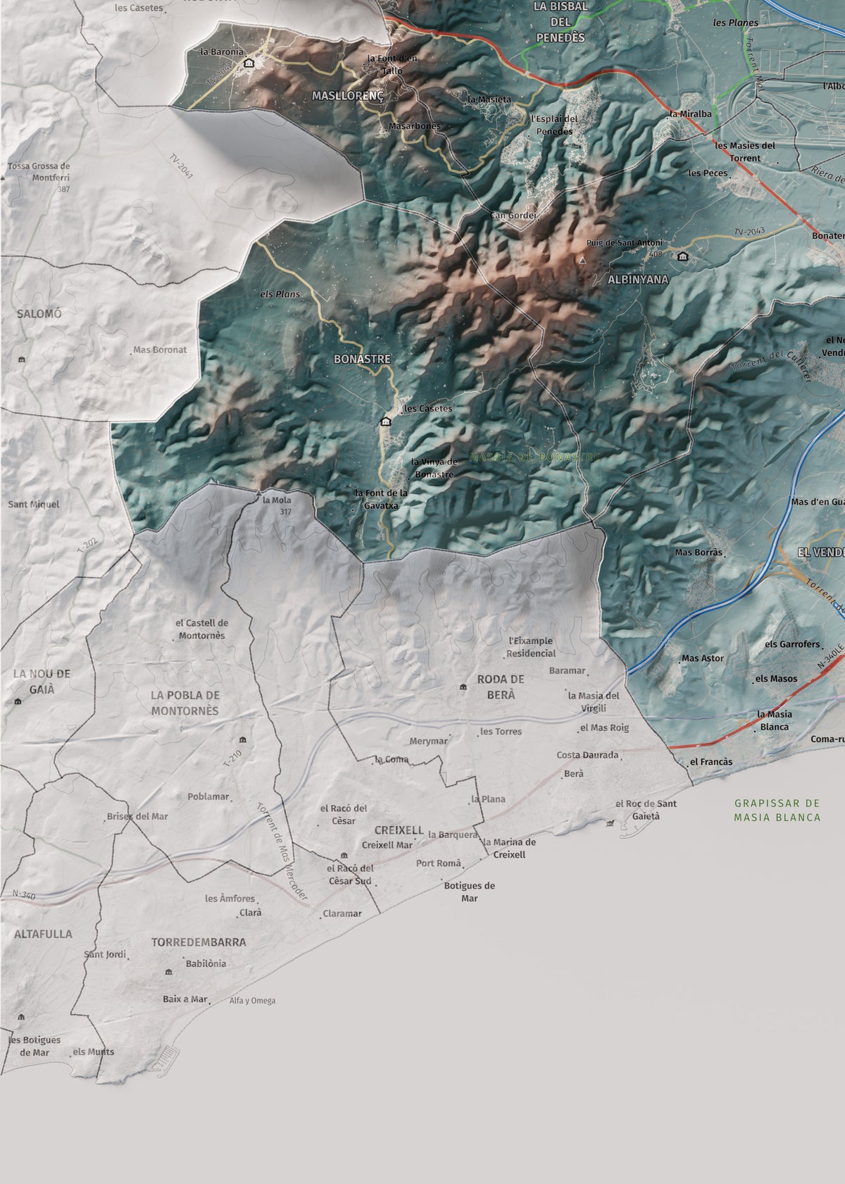Mapa de relieve del Baix Penedès, con el territorio en color y el entorno en blanco. Detalle de la zona inferior izquierda. 50 × 70 cm. Estilo Azul y naranja.