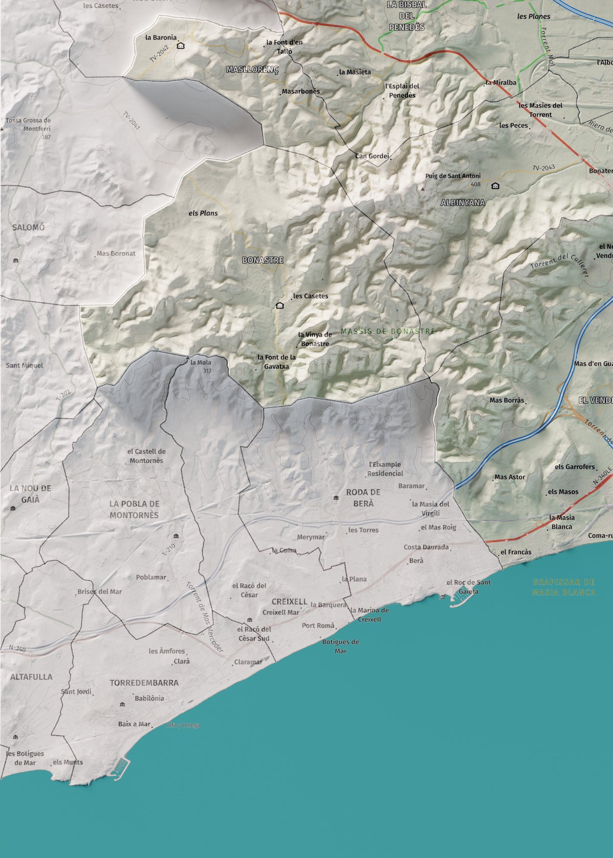 Mapa de relieve del Baix Penedès, con el territorio en color y el entorno en blanco. Detalle de la zona inferior izquierda. 50 × 70 cm. Estilo Cartográfico.