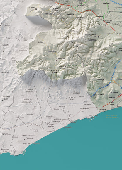 Mapa de relieve del Baix Penedès, con el territorio en color y el entorno en blanco. Detalle de la zona inferior izquierda. 50 × 70 cm. Estilo Cartográfico.