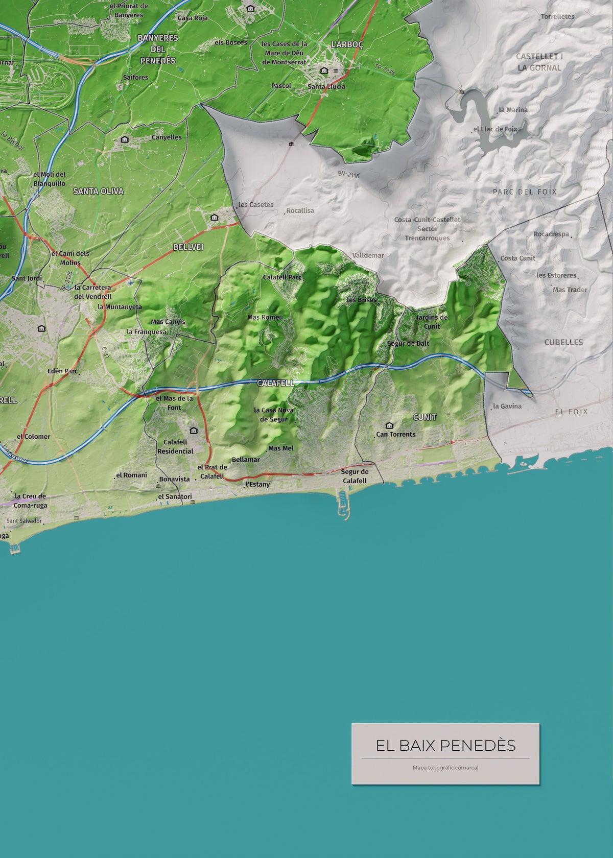 Mapa de relieve del Baix Penedès, con el territorio en color y el entorno en blanco. Detalle de la zona inferior derecha. 50 × 70 cm. Estilo Clásico.