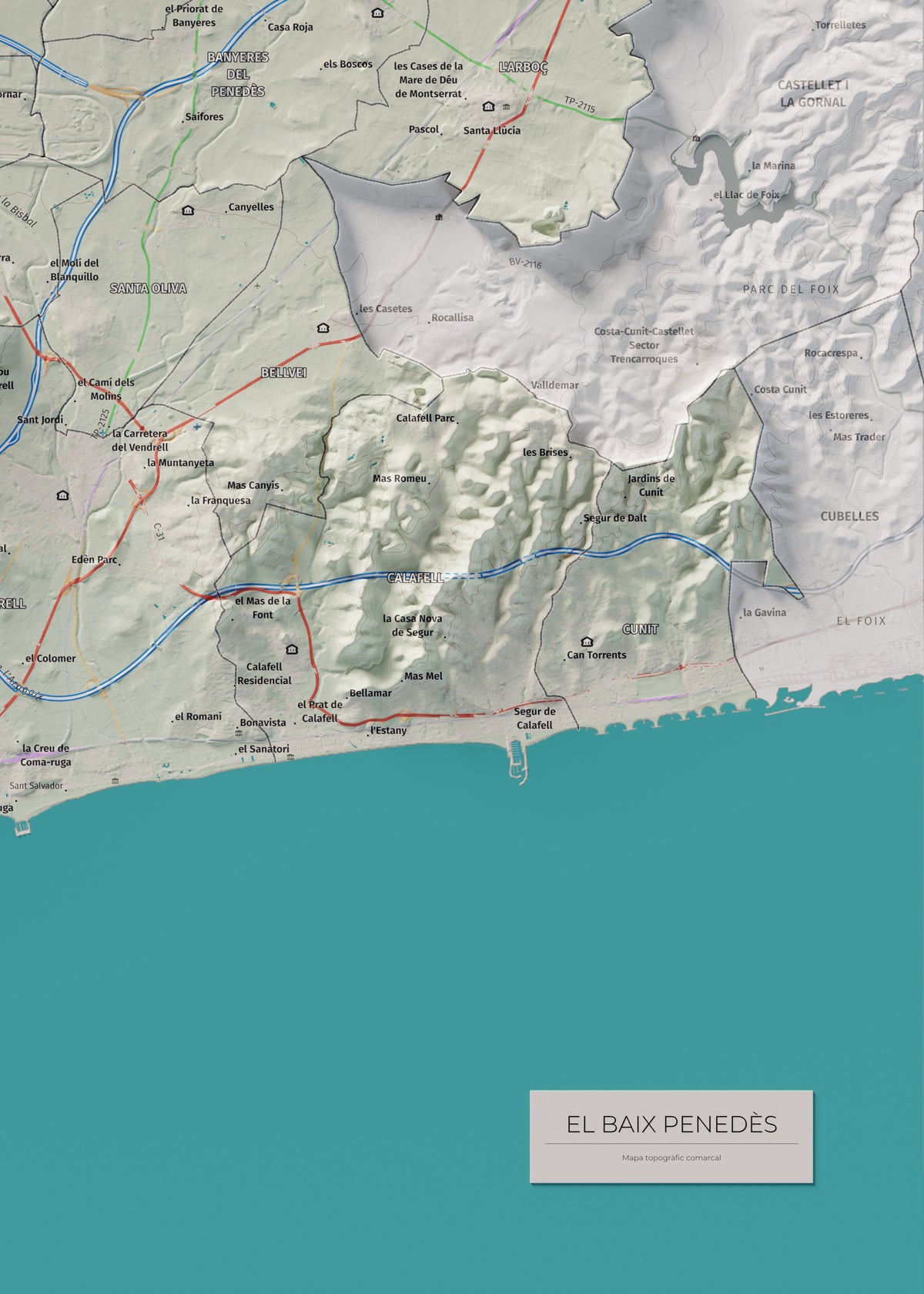 Mapa de relieve del Baix Penedès, con el territorio en color y el entorno en blanco. Detalle de la zona inferior derecha. 50 × 70 cm. Estilo Cartográfico.