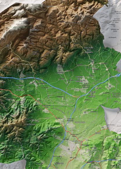 Mapa de relieve del Baix Penedès, con el territorio en color y el entorno en blanco. Detalle de la zona central. 50 × 70 cm. Estilo Clásico.