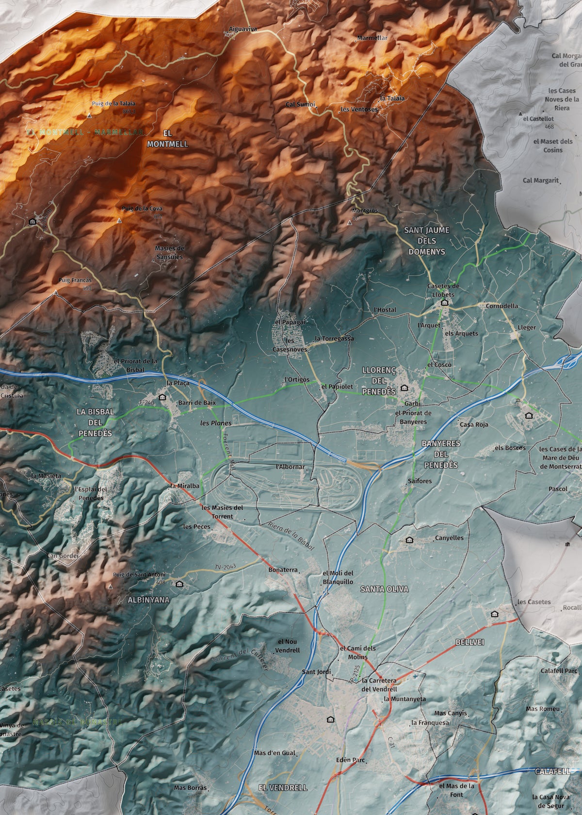 Mapa de relieve del Baix Penedès, con el territorio en color y el entorno en blanco. Detalle de la zona central. 50 × 70 cm. Estilo Azul y naranja.
