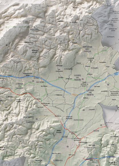 Mapa de relieve del Baix Penedès, con el territorio en color y el entorno en blanco. Detalle de la zona central. 50 × 70 cm. Estilo Cartográfico.