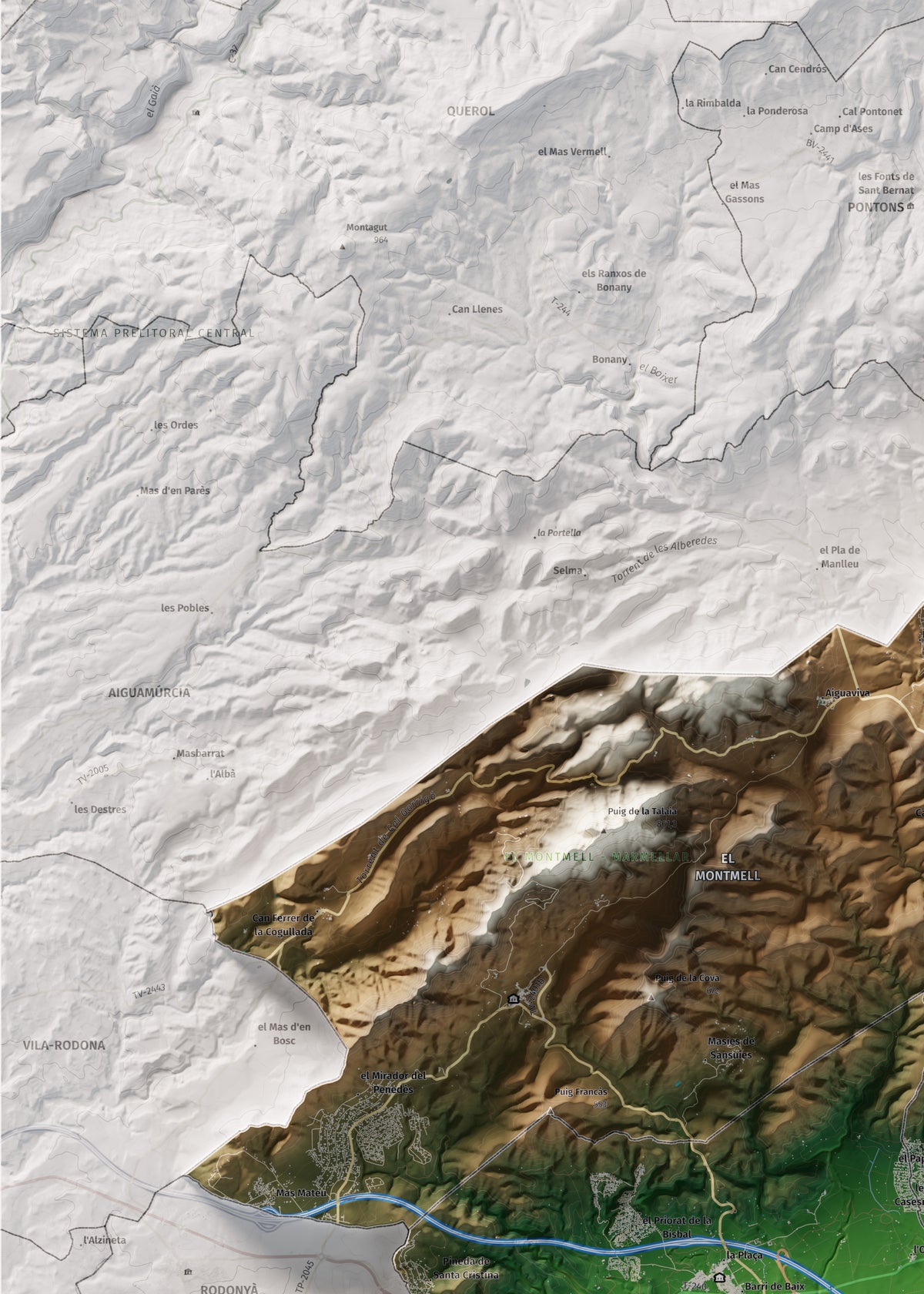 Mapa de relieve del Baix Penedès, con el territorio en color y el entorno en blanco. Detalle de la zona superior izquierda. 50 × 70 cm. Estilo Clásico.