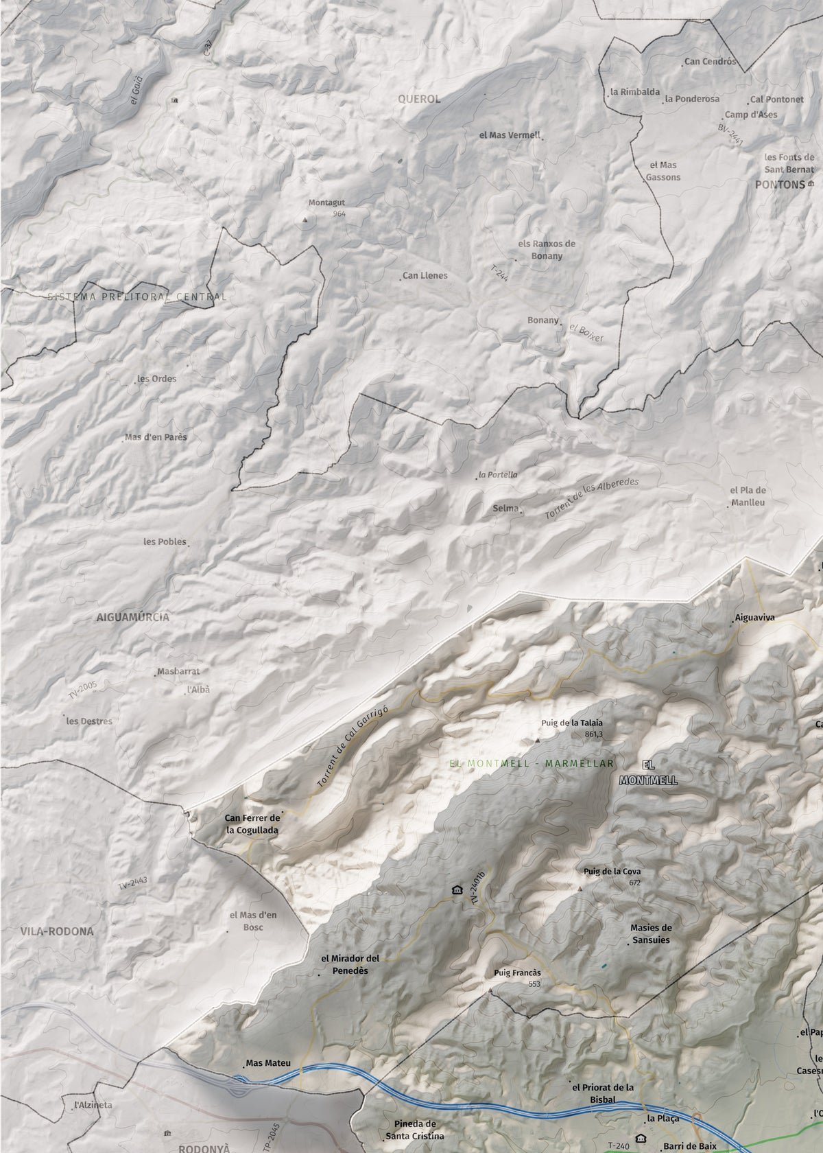 Mapa de relieve del Baix Penedès, con el territorio en color y el entorno en blanco. Detalle de la zona superior izquierda. 50 × 70 cm. Estilo Cartográfico.