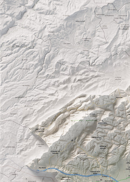 Mapa de relieve del Baix Penedès, con el territorio en color y el entorno en blanco. Detalle de la zona superior izquierda. 50 × 70 cm. Estilo Cartográfico.