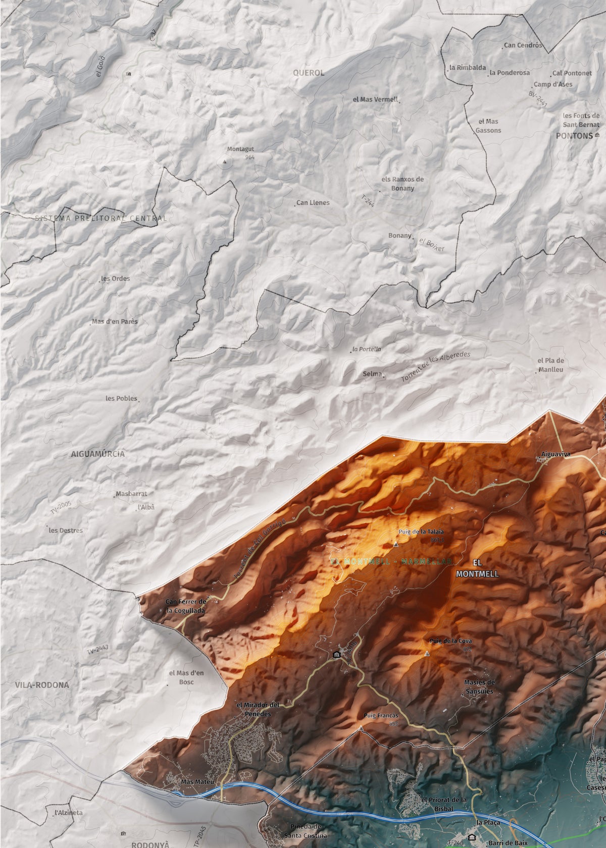Mapa de relieve del Baix Penedès, con el territorio en color y el entorno en blanco. Detalle de la zona superior izquierda. 50 × 70 cm. Estilo Azul y naranja.