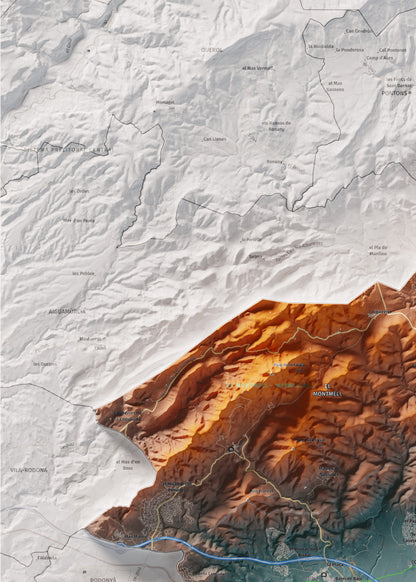 Mapa de relieve del Baix Penedès, con el territorio en color y el entorno en blanco. Detalle de la zona superior izquierda. 50 × 70 cm. Estilo Azul y naranja.