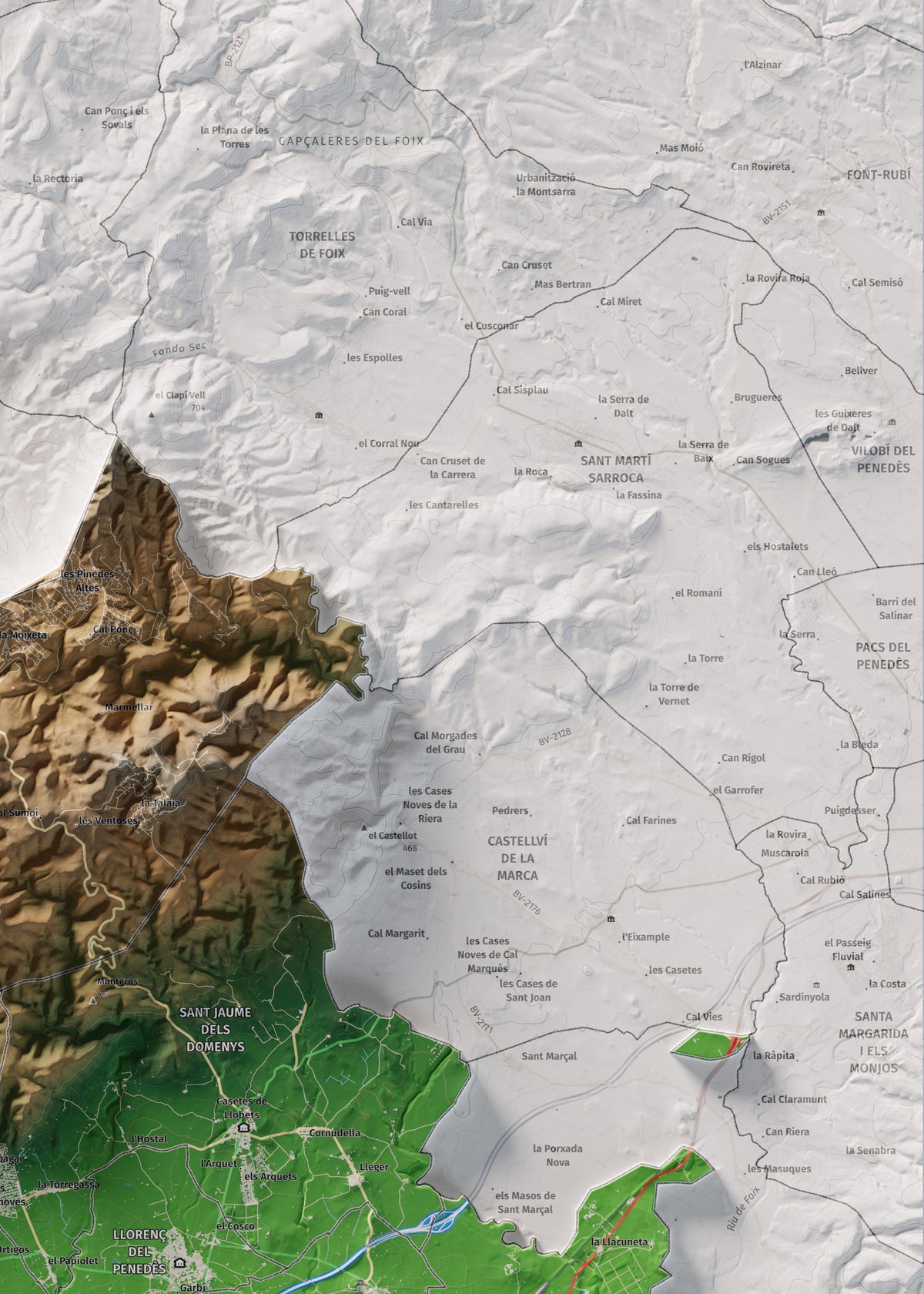 Mapa de relieve del Baix Penedès, con el territorio en color y el entorno en blanco. Detalle de la zona superior derecha. 50 × 70 cm. Estilo Clásico.