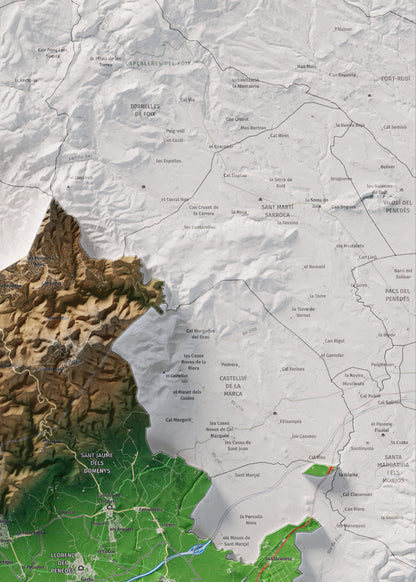 Mapa de relieve del Baix Penedès, con el territorio en color y el entorno en blanco. Detalle de la zona superior derecha. 50 × 70 cm. Estilo Clásico.