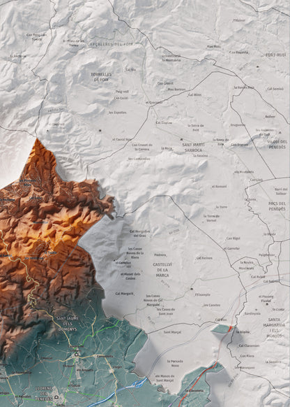 Mapa de relieve del Baix Penedès, con el territorio en color y el entorno en blanco. Detalle de la zona superior derecha. 50 × 70 cm. Estilo Azul y naranja.