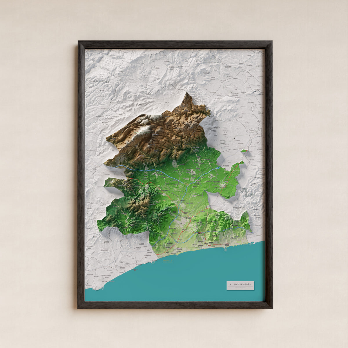 Mapa de relieve del Baix Penedès, con el territorio en color y el entorno en blanco. Presentación con marco. 50 × 70 cm. Estilo Clásico.