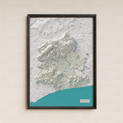 Mapa de relieve del Baix Penedès, con el territorio en color y el entorno en blanco. Presentación con marco. 50 × 70 cm. Estilo Cartográfico.