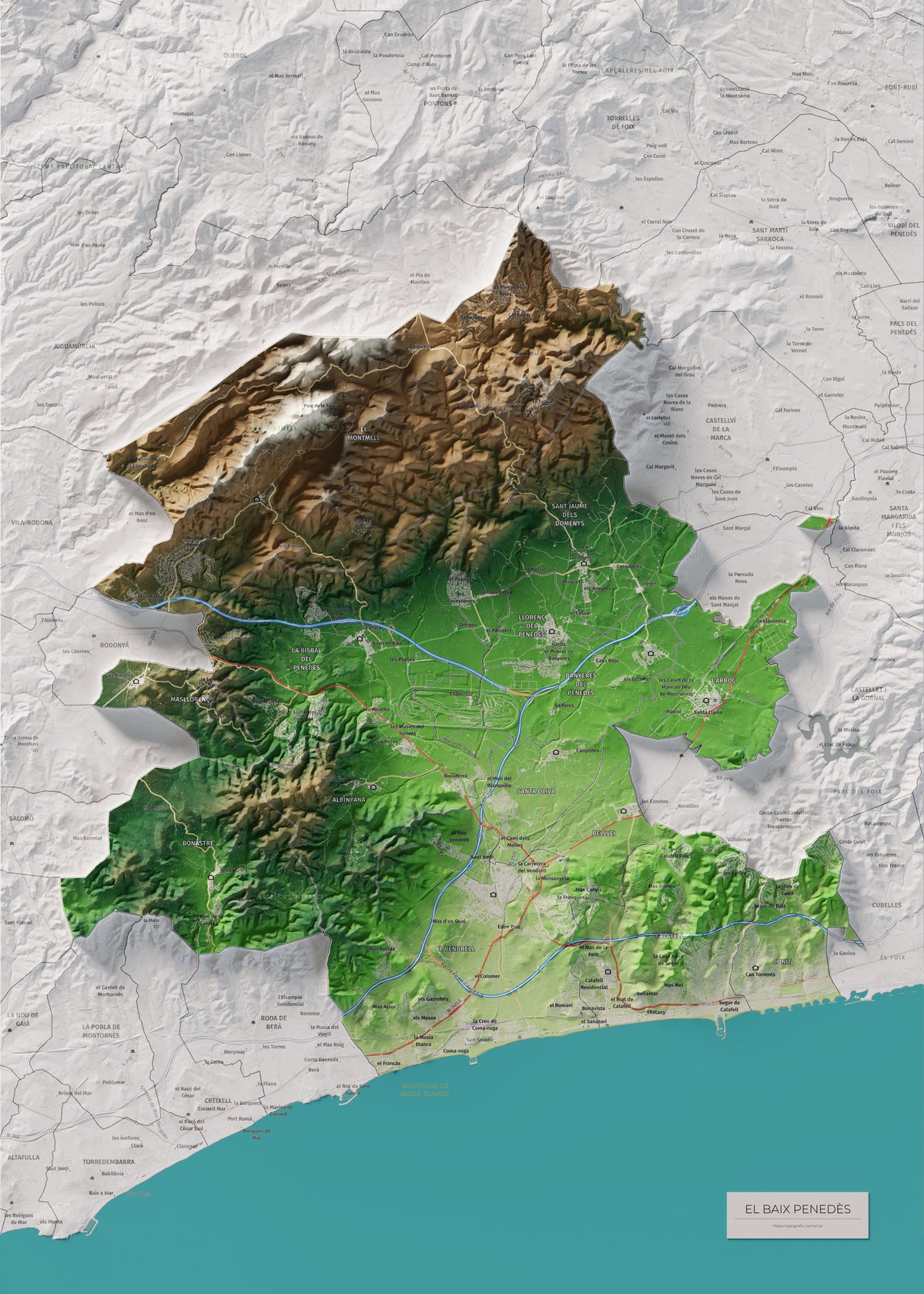 Mapa de relieve del Baix Penedès, con el territorio en color y el entorno en blanco. Vista completa de la lámina. 50 × 70 cm. Estilo Clásico.
