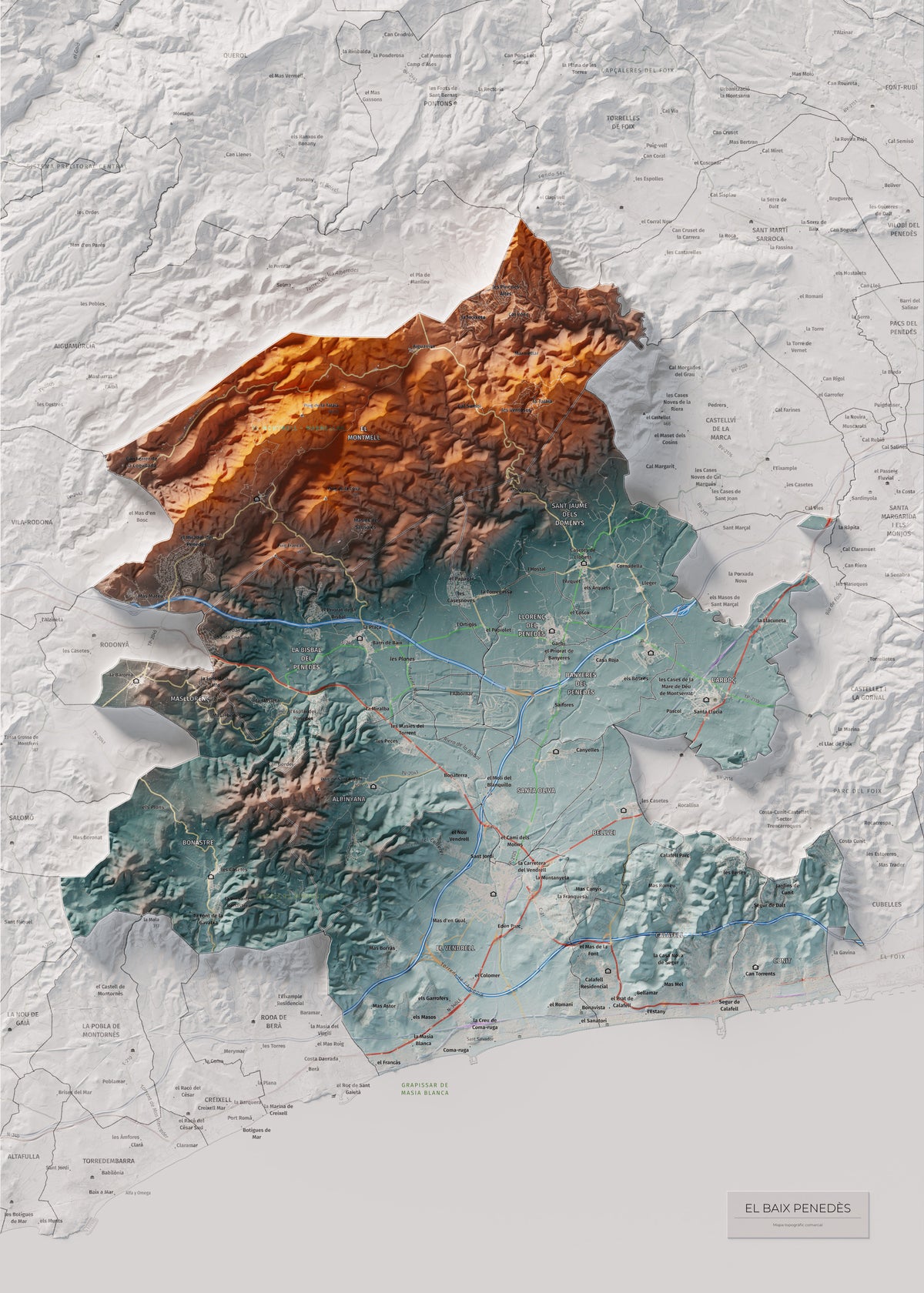 Mapa de relieve del Baix Penedès, con el territorio en color y el entorno en blanco. Vista completa de la lámina. 50 × 70 cm. Estilo Azul y naranja.