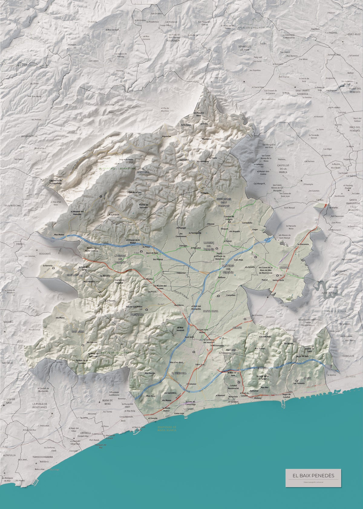 Mapa de relieve del Baix Penedès, con el territorio en color y el entorno en blanco. Vista completa de la lámina. 50 × 70 cm. Estilo Cartográfico.