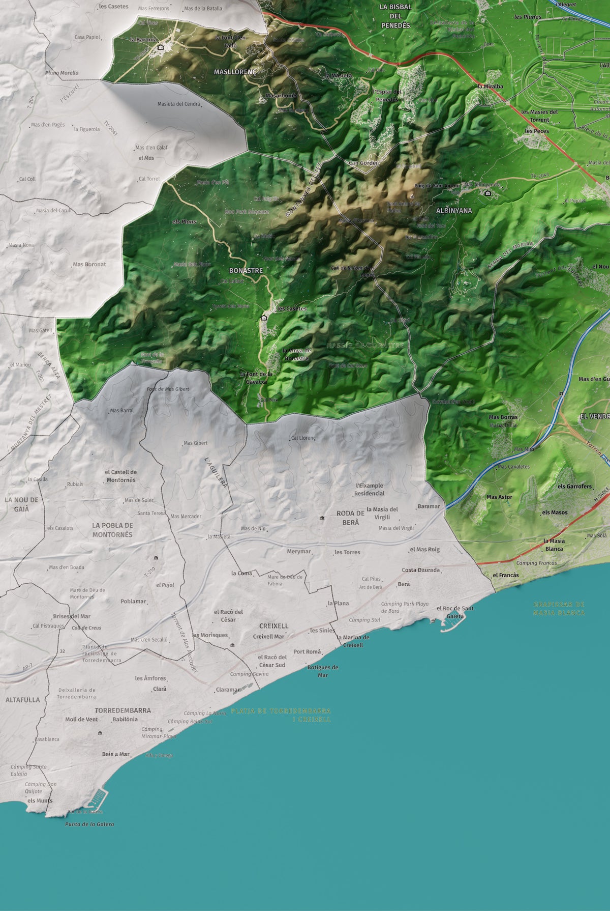 Mapa de relieve del Baix Penedès, con el territorio en color y el entorno en blanco. Detalle de la zona inferior izquierda. 61 × 91 cm. Estilo Clásico.