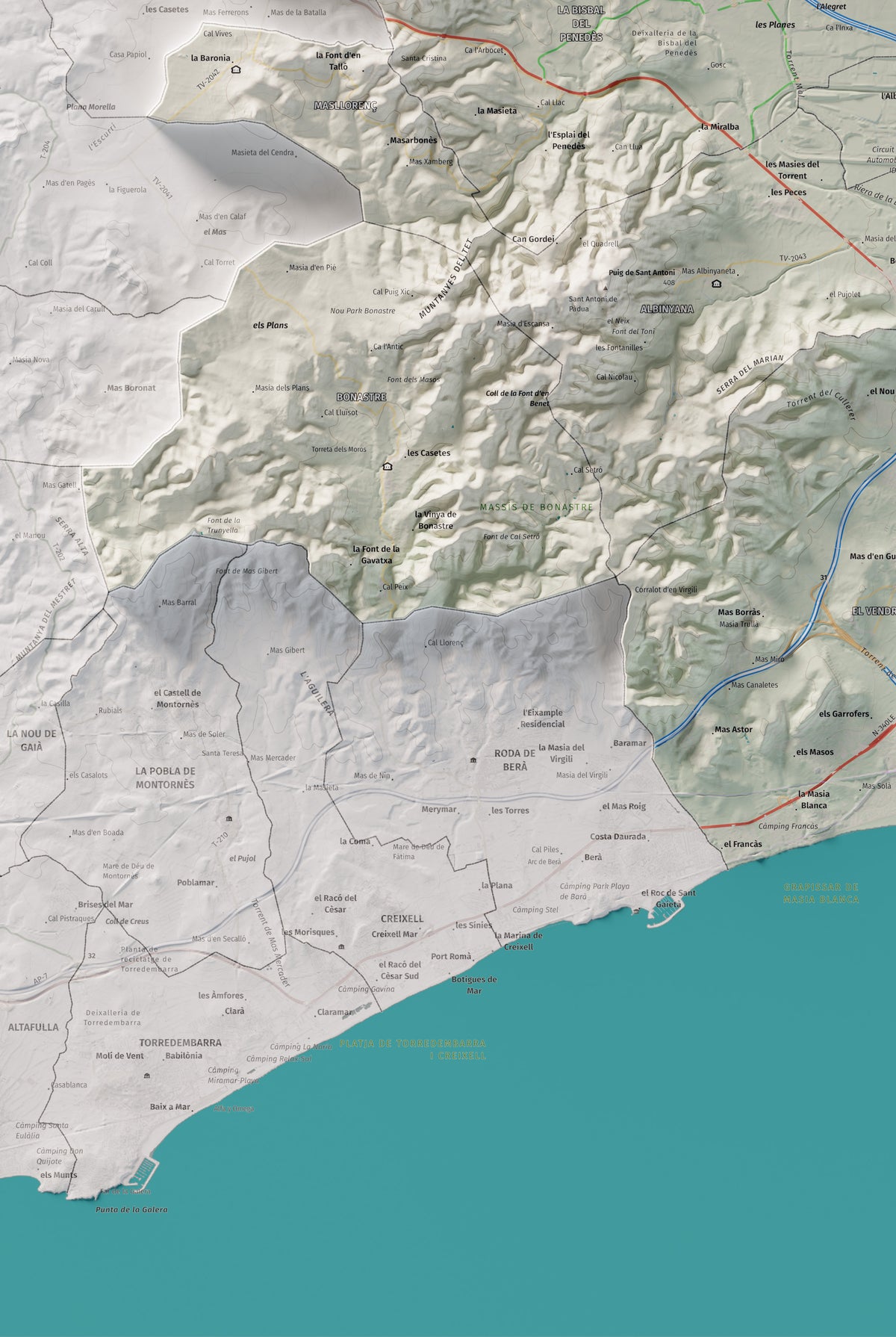 Mapa de relieve del Baix Penedès, con el territorio en color y el entorno en blanco. Detalle de la zona inferior izquierda. 61 × 91 cm. Estilo Cartográfico.