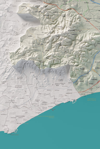 Mapa de relieve del Baix Penedès, con el territorio en color y el entorno en blanco. Detalle de la zona inferior izquierda. 61 × 91 cm. Estilo Cartográfico.
