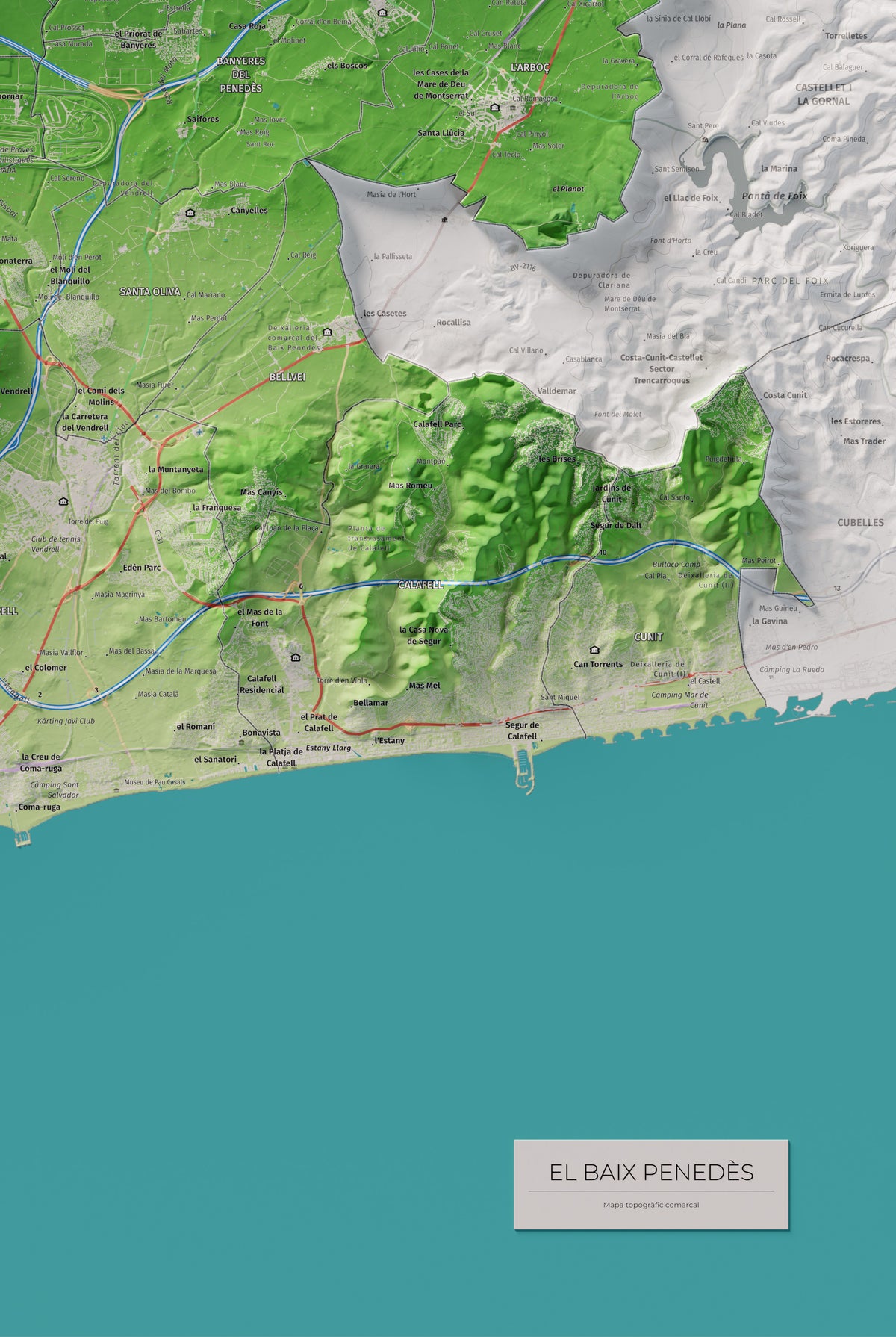 Mapa de relieve del Baix Penedès, con el territorio en color y el entorno en blanco. Detalle de la zona inferior derecha. 61 × 91 cm. Estilo Clásico.