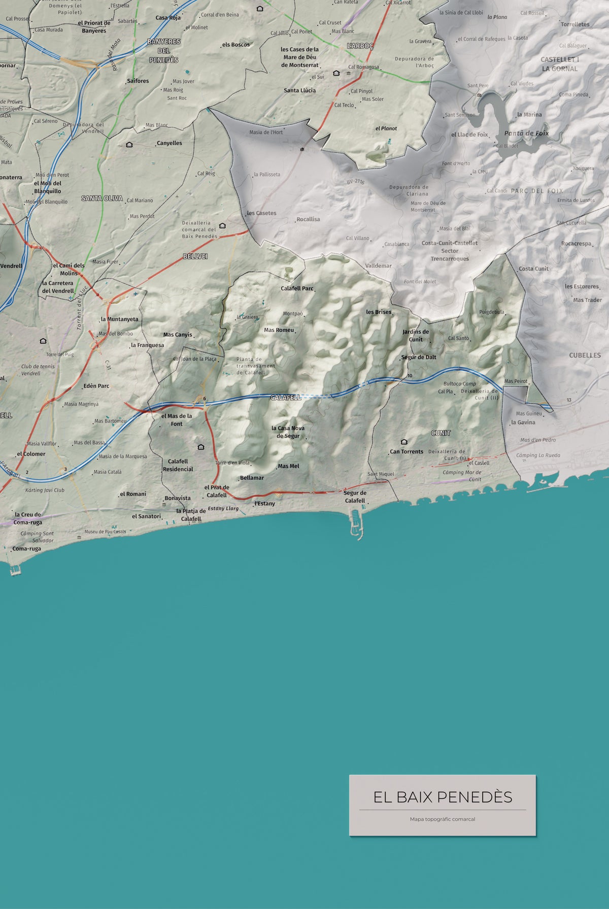 Mapa de relieve del Baix Penedès, con el territorio en color y el entorno en blanco. Detalle de la zona inferior derecha. 61 × 91 cm. Estilo Cartográfico.