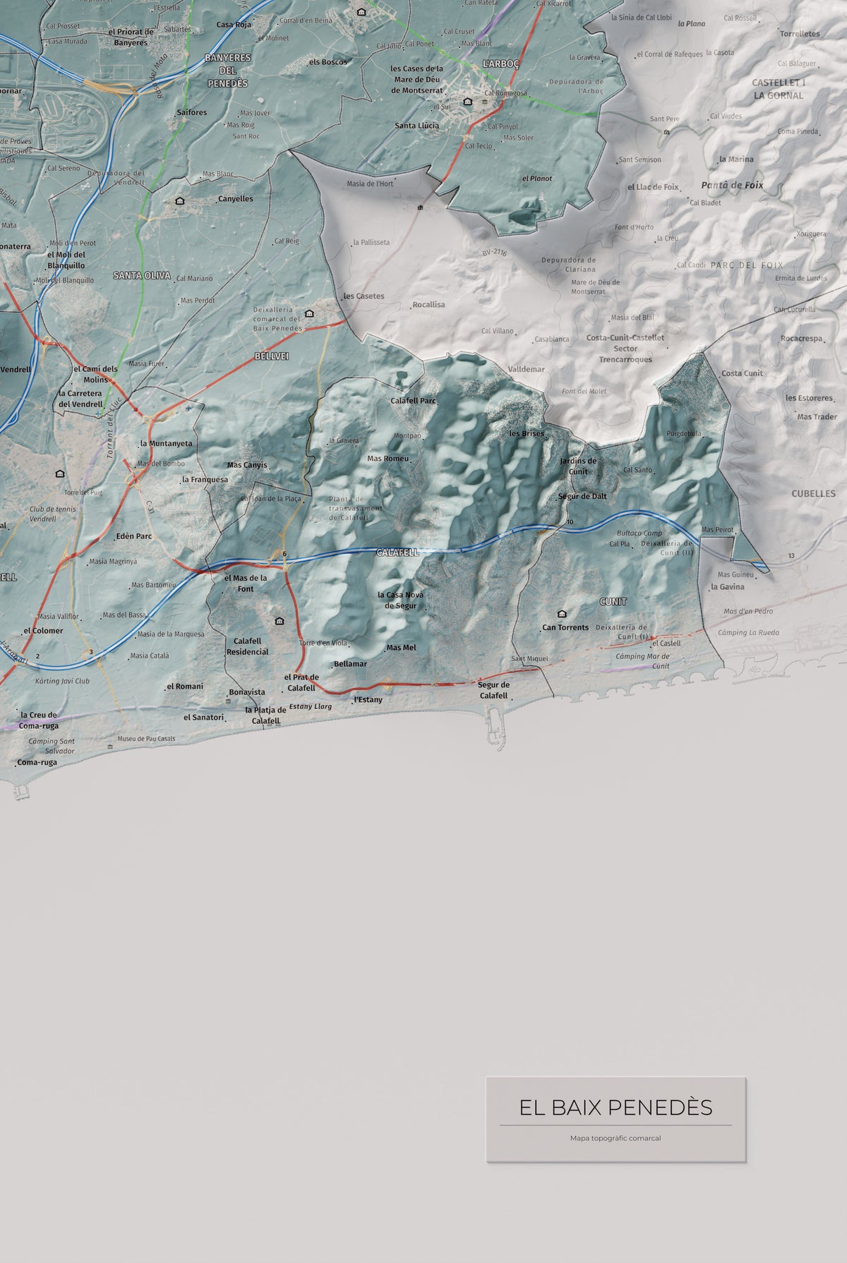 Mapa de relieve del Baix Penedès, con el territorio en color y el entorno en blanco. Detalle de la zona inferior derecha. 61 × 91 cm. Estilo Azul y naranja.