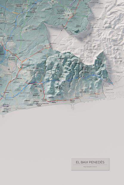 Mapa de relieve del Baix Penedès, con el territorio en color y el entorno en blanco. Detalle de la zona inferior derecha. 61 × 91 cm. Estilo Azul y naranja.