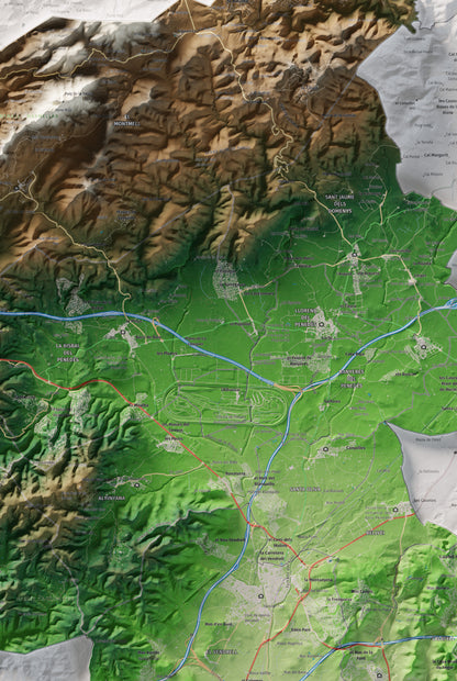 Mapa de relieve del Baix Penedès, con el territorio en color y el entorno en blanco. Detalle de la zona central. 61 × 91 cm. Estilo Clásico.