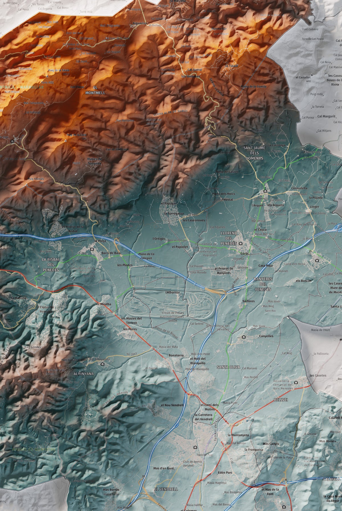 Mapa de relieve del Baix Penedès, con el territorio en color y el entorno en blanco. Detalle de la zona central. 61 × 91 cm. Estilo Azul y naranja.