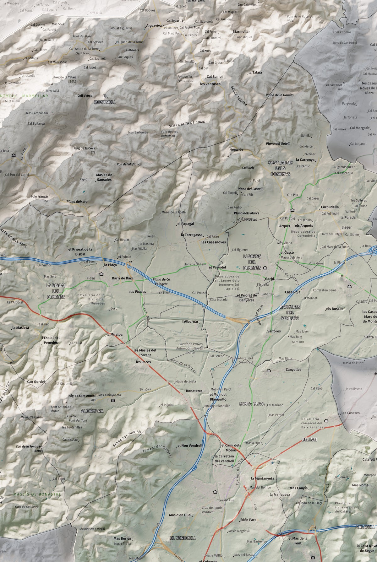 Mapa de relieve del Baix Penedès, con el territorio en color y el entorno en blanco. Detalle de la zona central. 61 × 91 cm. Estilo Cartográfico.