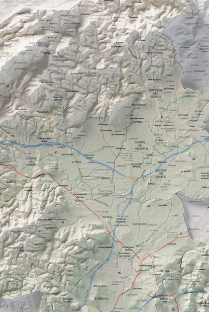 Mapa de relieve del Baix Penedès, con el territorio en color y el entorno en blanco. Detalle de la zona central. 61 × 91 cm. Estilo Cartográfico.