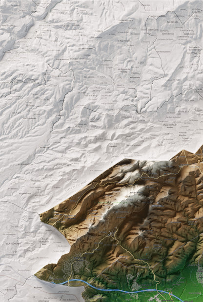 Mapa de relieve del Baix Penedès, con el territorio en color y el entorno en blanco. Detalle de la zona superior izquierda. 61 × 91 cm. Estilo Clásico.