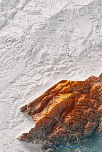 Mapa de relieve del Baix Penedès, con el territorio en color y el entorno en blanco. Detalle de la zona superior izquierda. 61 × 91 cm. Estilo Azul y naranja.